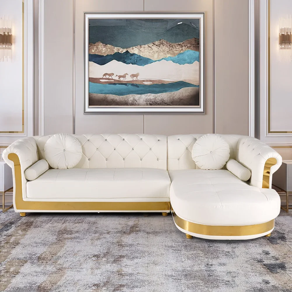 Modern White L-Shaped Corner Sectional Sofa – 5-Seater with Chaise & Pillows | Gisozi Furniture