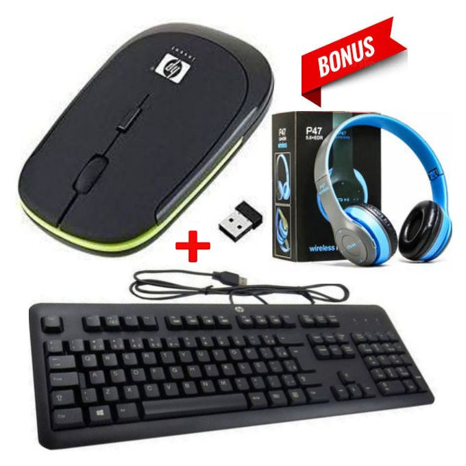 HP Quality Wireless Optical Mouse -Black+ HP Keyboard+Headphones