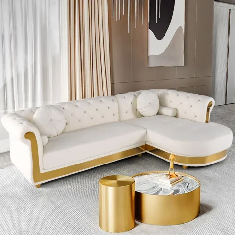 Modern White L-Shaped Corner Sectional Sofa – 5-Seater with Chaise & Pillows | Gisozi Furniture