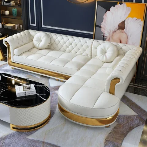 Modern White L-Shaped Corner Sectional Sofa – 5-Seater with Chaise & Pillows | Gisozi Furniture
