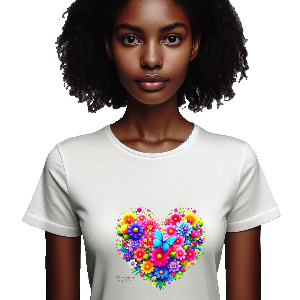 T-shirt y'abakobwa n'abagore ikozwe muri cotton na polyester ururabo rw'umutima
